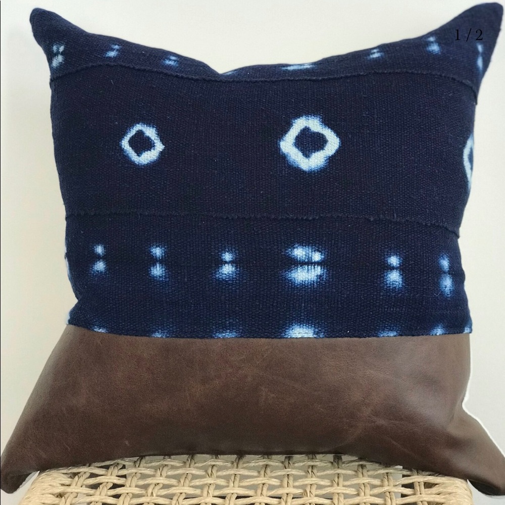 Indigo mudcloth and leather pillow